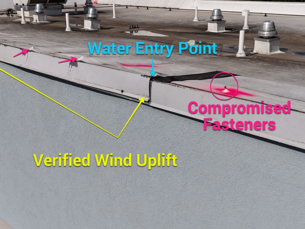 Forensic drone documentation of commercial wind uplift and perimeter failure at Home 2 Suites Hilton (hospitality asset) in Burleson TX