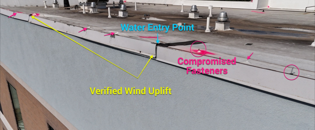 Storm-related commercial roof leak repair documented in Irving TX